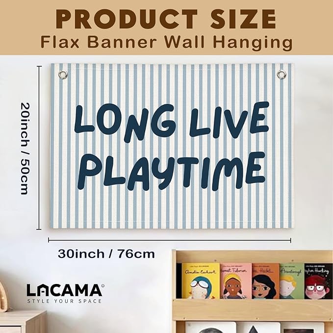 Lacama Playroom Decor, Play Room Wall Decor, Blue Long Live Playtime Linen Banner Wall Hanging, Boho Cute Banner Flag Decor for Nursery Boys Room 30x20 Inch