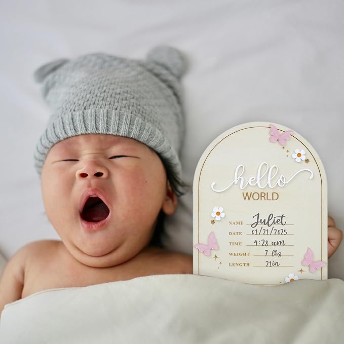 Baby Announcement Sign 6.5 Inch Wooden Hello World Newborn Welcome Sign Birth Name Plaques for Photo Props Shower Hospital Nursery (Butterfly)