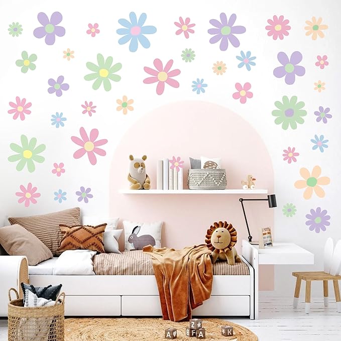 12 Sheets Daisy Wall Decals Boho Flower Wall Stickers Cute Kids Girls Room Decor Peel and Stick Floral Decals Toddler Nursery Playroom Living Room Bedroom Classroom Retro Hippie Decor Pastel Style