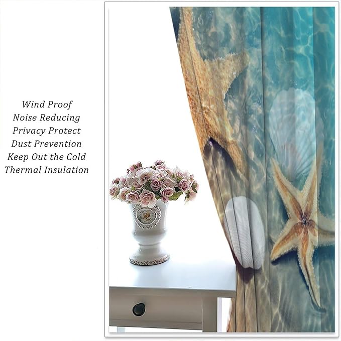 Beach Curtain for Bathroom Decor，Sea Turtle Starfish Seashell Nautical Ocean Coastal Scenery Art Printed Fabric Polyester Waterproof Set 2 Panels,84x84 Inches