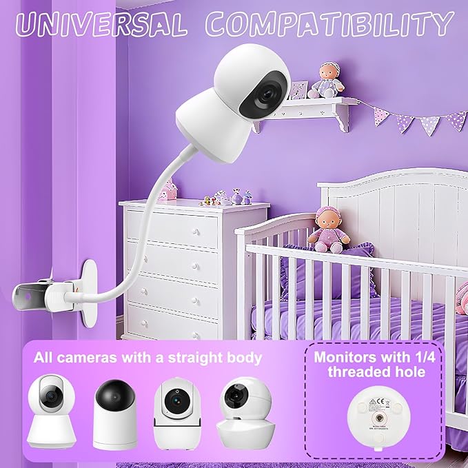 Baby Monitor Mount - Universal Adjustable Monitor Flex Stand for Hello Baby, Nanit Pro, Infant Optics, VTech & Most Baby Monitors - Detachable Arm Camera Clip Mount with Cute Stickers for Crib