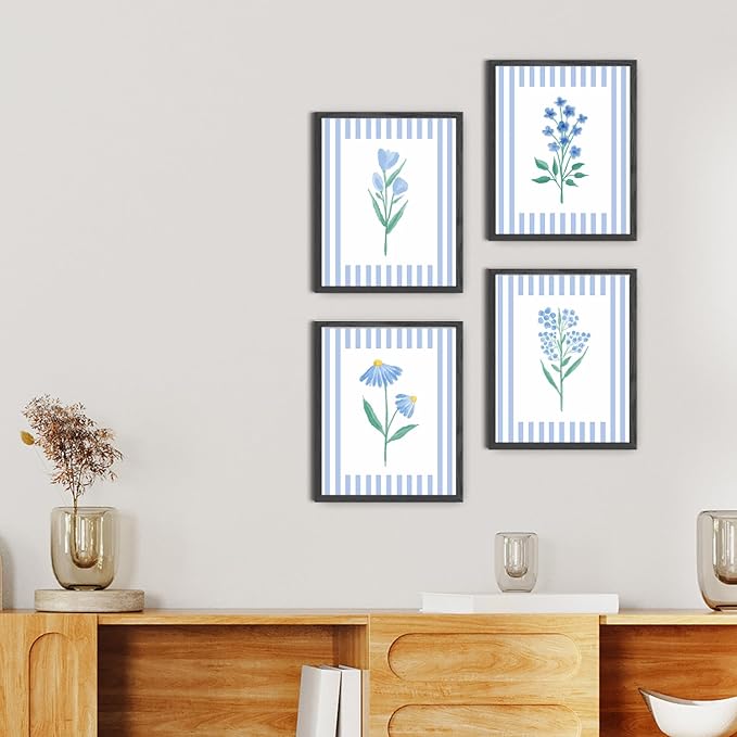 JINYO Rustic Blue and White Striped Floral Wall Art Prints Set of 4, Floral Room Decor, Retro Cottagecore Botanical Flower Posters Pictures Wall Decor for Home Bedroom, 8x10 Unframed