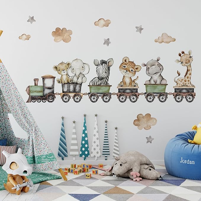 Yovkky Baby Safari Animals Train Wall Decals Stickers, African Jungle Elephant Zebra Giraffe Hippo Lion Leopard Cheetah Neutral Nursery Toddler Decor, Kids Room Home Decorations Bedroom Playroom Art