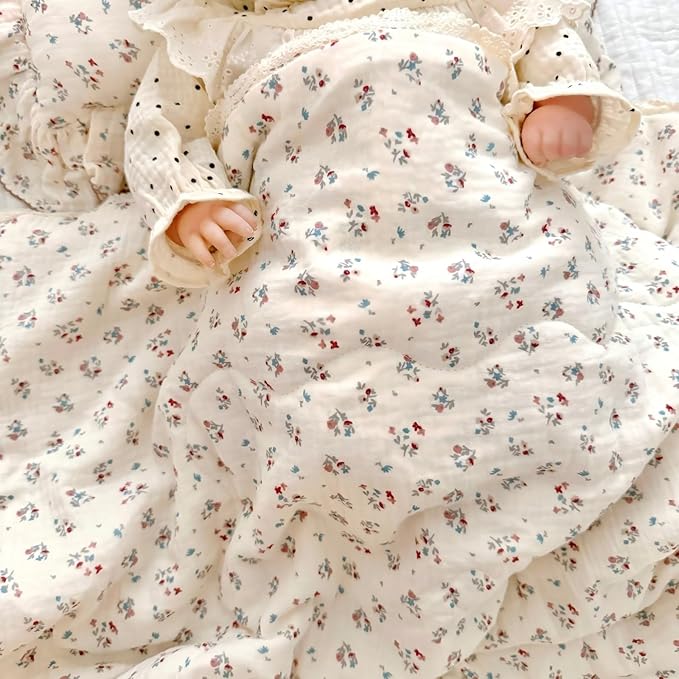 BuLuTu Cotton Muslin Quilted Blanket for Toddler/Twin Bed, Soft Breathable Children Comforter with Lace Edge, Chic Shabby Reversible Floral Quilt, Kids Boys Girls Gauze Cotton Bedding, 60x78 Inches