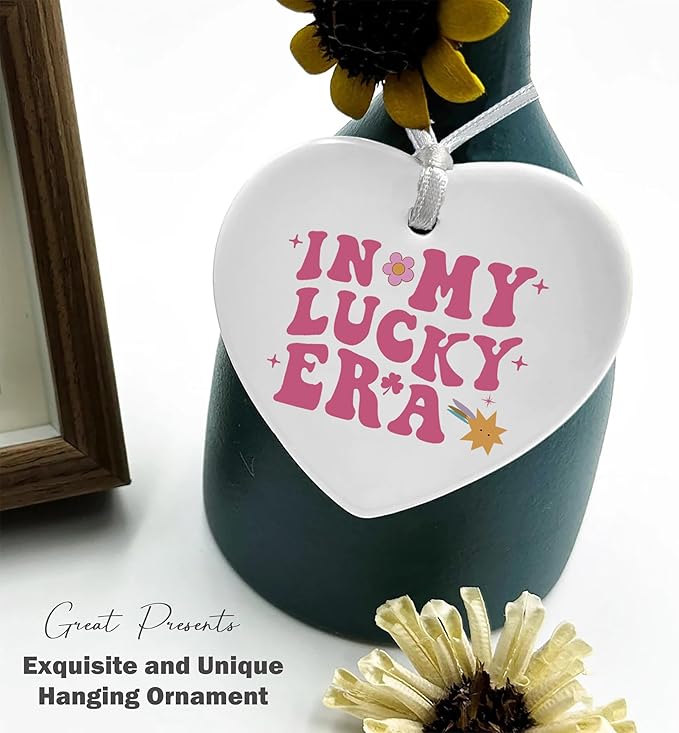 Heart Shaped Christmas Ornament-Lucky Era Keepsake-Shamrock Charm Decor for Women Men-St Patrick's Day Gift-Birthday Celebration Ornament-Ceramic Home Decor in My Lucky Era