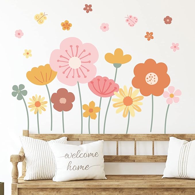 Zonon 6 Pcs Flowers Wall Decals Stickers Vinyl Removable Peel and Stick Colorful Dragonflies Floral Wall Murals Decor for Bedroom Living Room Nursery(Cute)