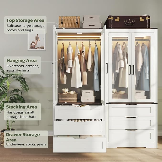 Concho 73'' Tall Farmhouse Armoire Wardrobe Closet with LED Light, Wood Wardrobe Closet with 2 Doors 3 Drawers, Freestanding Bedroom Armoire Clothing Storage Cabinet, Antique White