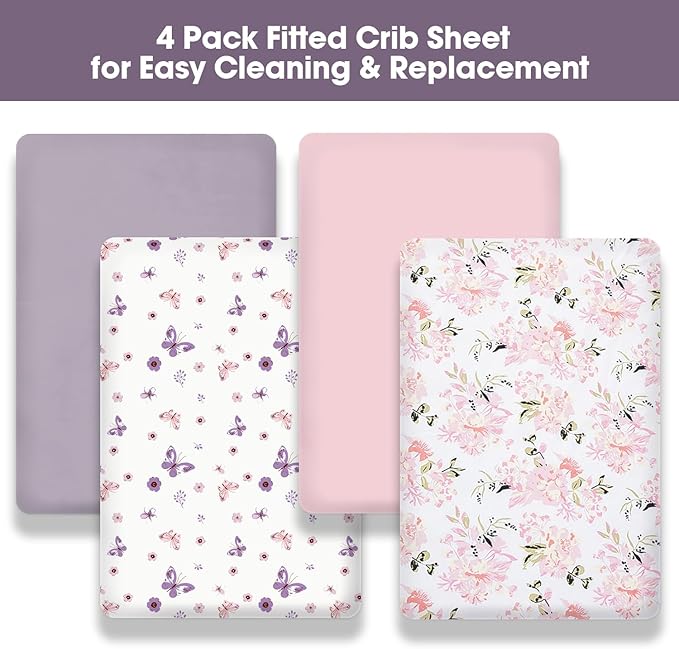 Little Grape Land Crib Sheets Girl 4 Pack, Baby Crib Sheets for Standard Crib & Toddler Mattress, Super Soft Breathable Crib Sheet Set for Girls, Floral & Butterfly