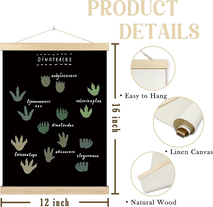 BCUANGD Dinosaur Dino Paw Wall Decor - Baby Toddler Boys Room Wall Art Poster Hanger with Wood Frames, Inspirational Black Hanging Canvas Decor for Kids Room Playroom Nursery Bedroom, 12x16 Inches