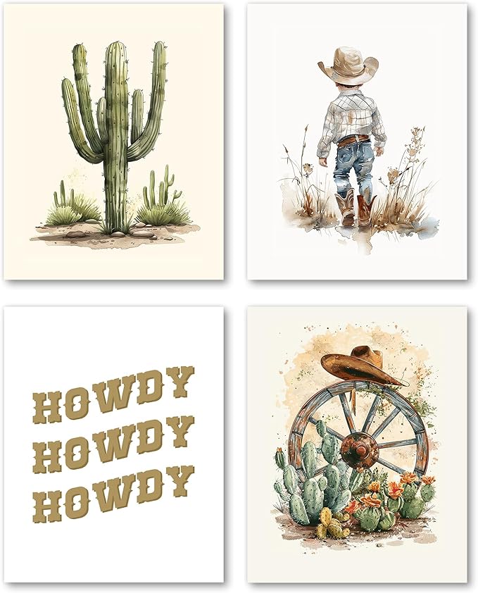 Hxlac Western Cowboy Nursery Wall Art Prints Set of 4 UNFRAMED - Western Wall Decor for Toddler Baby Boy Room, Cowboy Nursery Decor, Boy Room Pictures Wall Decor (8x10 Inches)