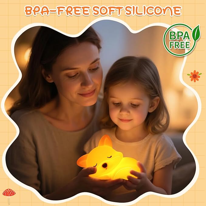Fox Night Light, Cute Silicone Lamp with Dimmable 20 Mins Timer, Squishy Animal Nightlight Kids Bedside Decoration Light, Christmas White Elephant Gifts Idea for Baby Girl Boy Friend