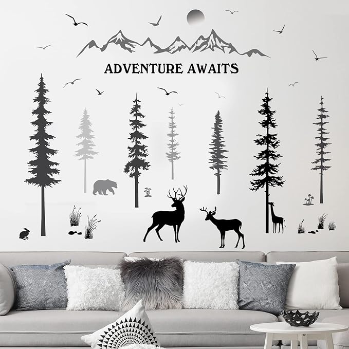 3 Sheets Woodland Nursery Wall Decals Forest Deers Wall Stickers Bears Pine Tree Home Decal Inspirational Quote Mountain Animal Sun Home Stickers DIY Wall Decals for Kids' Room