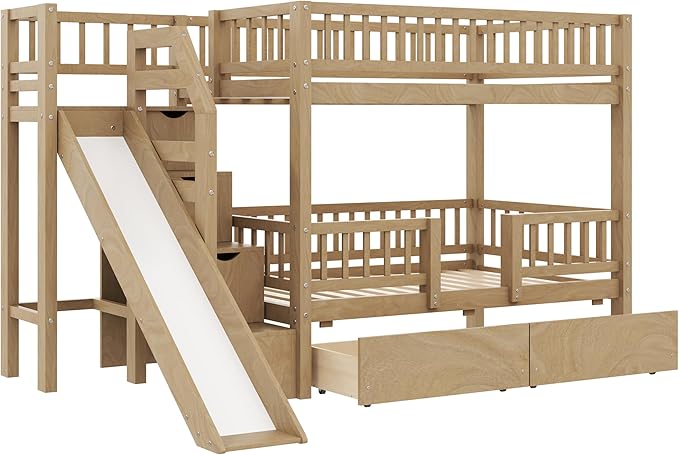 Twin Over Twin Bunk Bed with Storage Staircase, Solid Wood Bunk Bed Frame with Slide and 2 Drawers for Kids Teens Adult Bedroom, No Box Spring Needed (Walnut/63r)