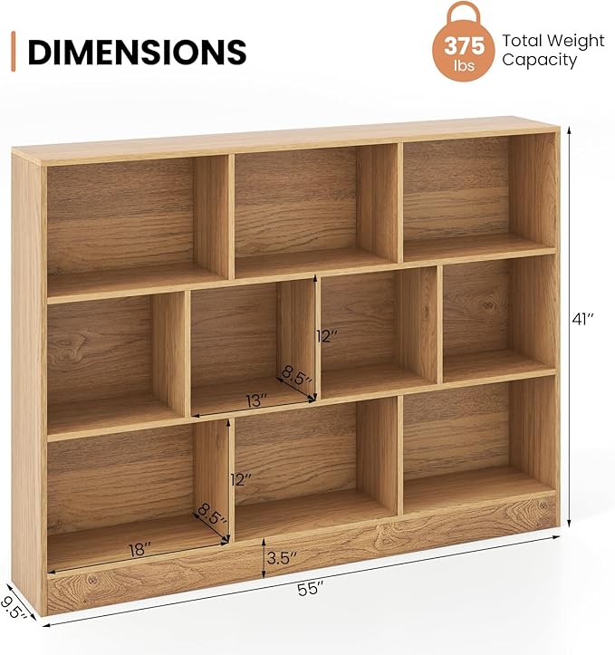 Costzon 10-Cube Bookshelf for Kids, Wooden Toy Storage Organizer w/ 2 Anti-Toppling Kits, 3 Tier Open Shelves & Non-Slip Foot Pads, Montessori Toy Shelf for Kids Rooms, Playroom, Classroom, Nursery