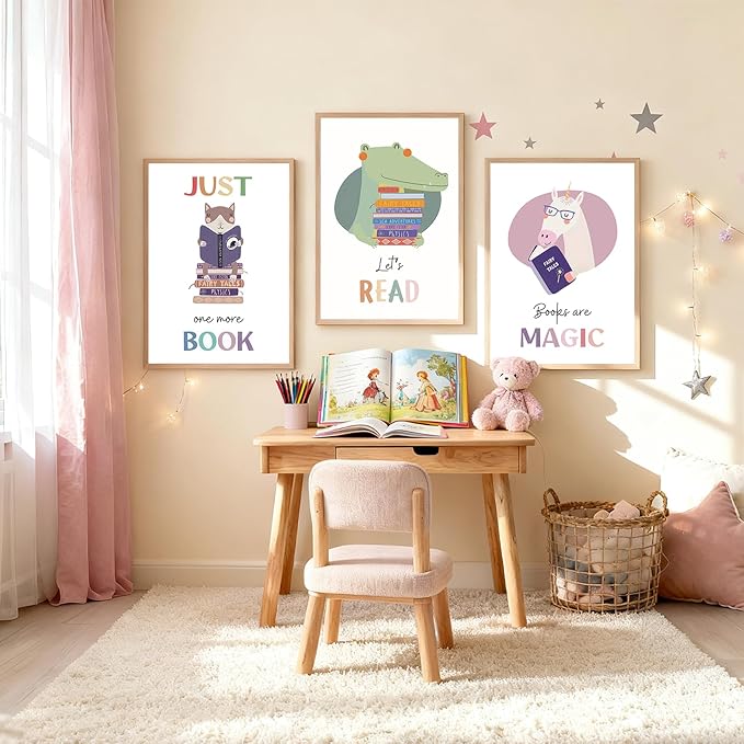 3Pcs Kids Reading Wall Art Children’s Educational Wall Decor Nursery Classroom Painting Cute Animal read Pictures Reading Corner Prints for Children’s Library Kids Room 16x24 Unframed Posters