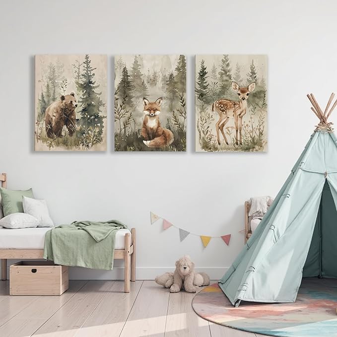 ICHZUMW Woodland Animals Nursery Wall Decor, Nursery Wall Art, Watercolor Bear Fox Deer Painting Print Artwork for Boys Girls Kids Room, Wrapped Canvas, Ready to Hang, 16x24in, Set of 3