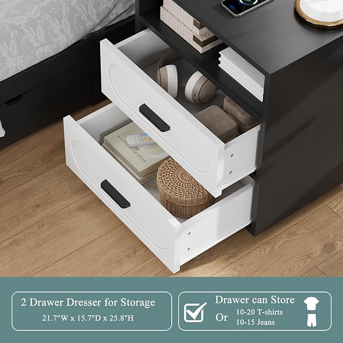 Nightstand with Charging Station, 21.7" Wide Bedside Table with 2 Storage Drawers & Open Shelf, Mid Century Modern Wood End Table for Bedroom, Living Room, Black/White
