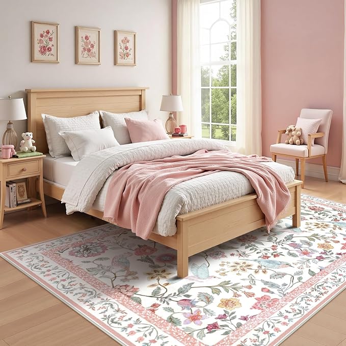 Floral Washable 8x10 Area Rug for Living Room, Soft Pink Large Girls Bedroom Rug, Non-Slip Low Pile Flower Birds Dining Room Rug, Botanical Floor Carpet for Kids Classroom Office