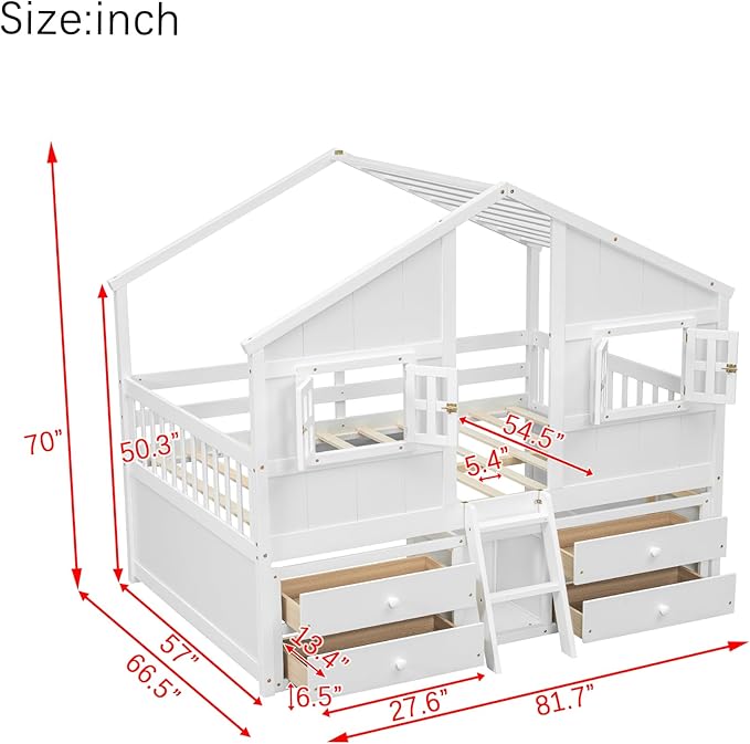 Harper & Bright Designs Full Size House Loft Bed with 4 Storage Drawers, Low House Montessori Bed with Roof and Windows, Safety Guardrails for Kids, Girls, Boys, White