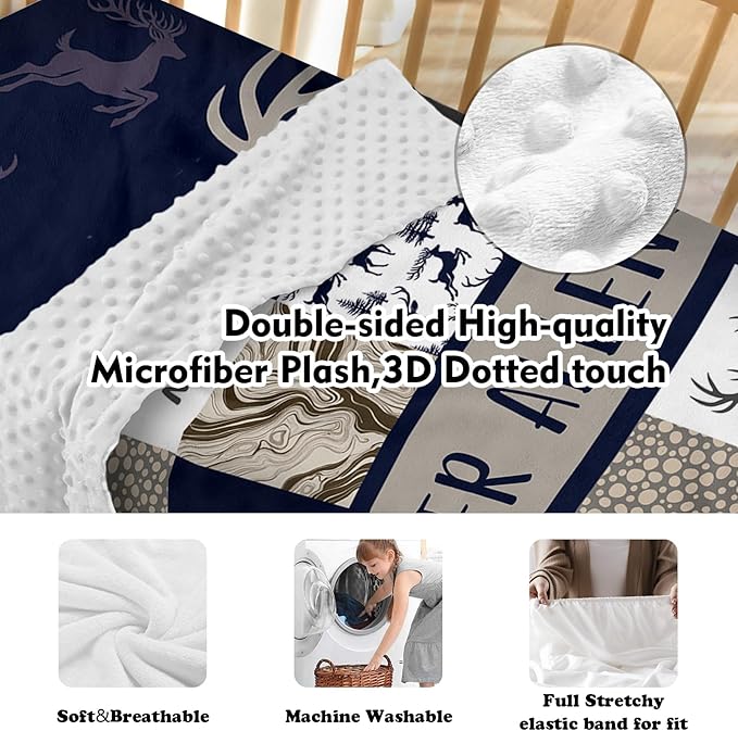 Custom Baby Crib Bedding Set - Navy Deer Design Personalized Name Baby Nursery Bedding 3 Pcs Set - Chic Soft Blanket, Fitted Sheet, Room Rug for Newborns Boys Girls Gifts
