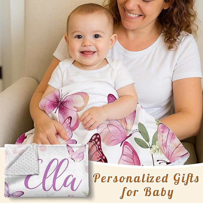 Personalized Baby Blanket for Girls, Custom Name Blanket for Newborn New Mom, Soft Flannel with Double Layer Dotted Backing, Ideal Gifts for Baby Shower Christmas Birthday, Butterfly(60" x80)