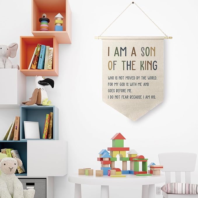 Qpenm I Am a Son of the King Hanging Wall Canvas Banner, Encourage Quote Hanging Pennant Flag Prints, Boys Bedroom Banner, Nursery Wall Hanging poster&prints