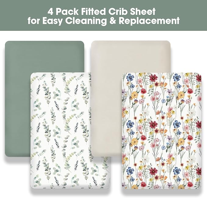 Little Grape Land Crib Sheets 4 Pack for Boys and Girls, Baby Neutral Crib Fitted Sheets for Standard Crib & Toddler Mattress, Super Soft Breathable Fitted Crib Sheet Set, Wildflower & Leaves