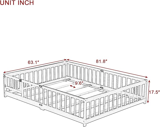 Queen Size Floor Bed Frame with Slats and Safety Guardrail, Wood Queen Size Montessori Floor Bed with Door and Fence, Easy Assemble Montessori Beds for Kids, Girls, Boys, Gray
