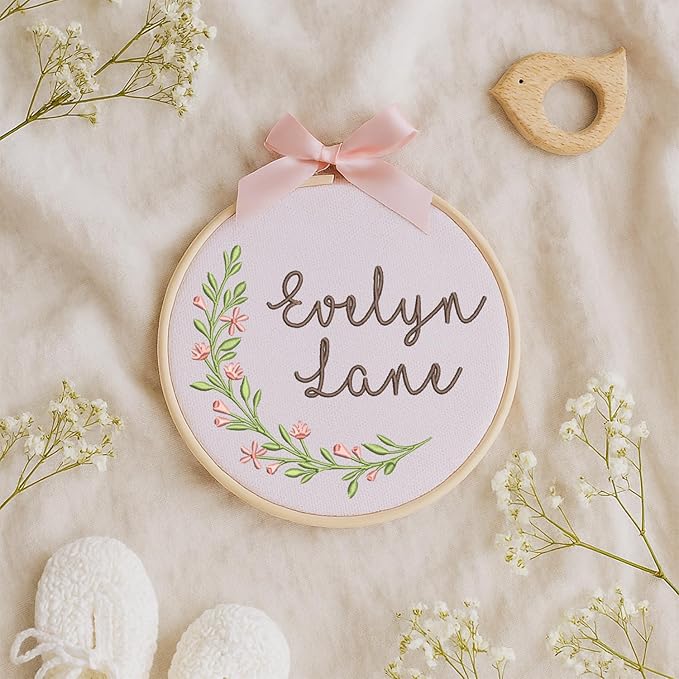 Personalized Baby Name Sign Welcome Baby Announcement Sign Newborn Baby Embroidery Hoop with Bows Baby Hospital Name Sign Custom Infant Baby Name Baby Shower Gifts (12)