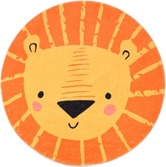 ABREEZE Kids Play Rug, 2.6ft Lion Round Area Rug, Soft Plush Non-Slip Carpet for Bedroom, Living Room, Playroom, Orange
