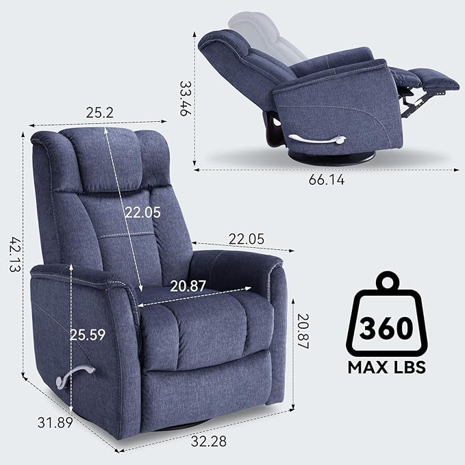 360° Swivel Rocking Recliner, Manual Comfy Nursery Glider Rocker Chair for Indoor Bedroom, Upholstered Soft Fabric Living Room Reclining Chair with Lumbar Support for Adults (Blue)