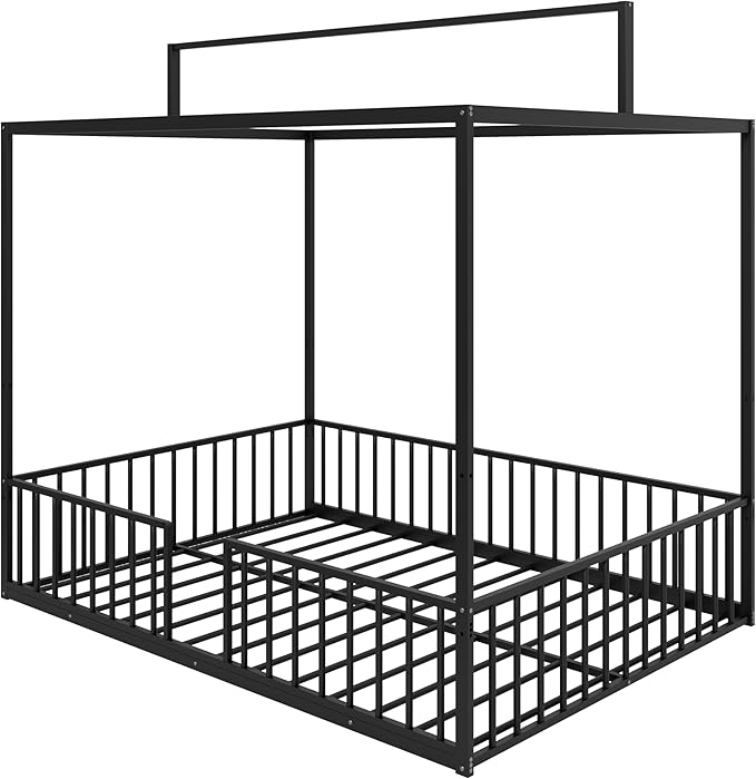 Merax Full Size Convertible Montessori Floor Bed, Metal House Bed Framefor Kids, Floor Beds with Fence for Kids,Black