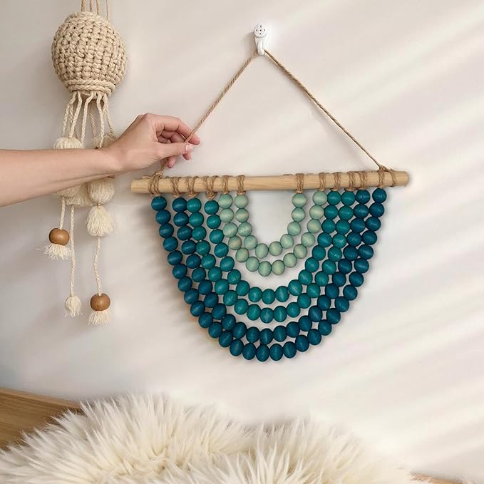 Boho Ombre Wood Bead Wall Hanging, Handmade Unique Giant Art Decor for Bedroom, Nursery, Living Room, or Entryway (Curve Coastal Blue Gradient, 12 Inches)