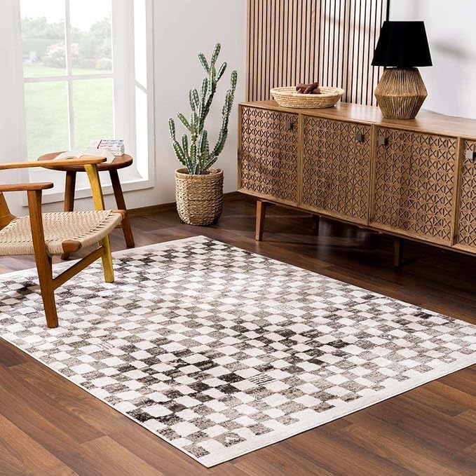 Hauteloom Benjy Living Room, Checkered Bedroom Area Rug - Farmhouse - Cream, Charcoal - 5'3" x 7'