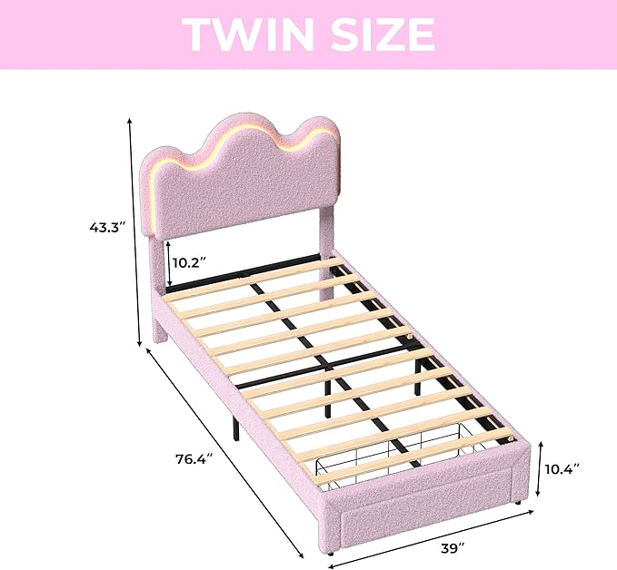 Twin Upholstered LED Bed Frame with Storage Drawers Girls Bed with Flower Headboard Boucle Princess Platform Bed Frame for Kids/Girls Strong Wood Slat Support,No Box Spring Needed,Easy Assembly