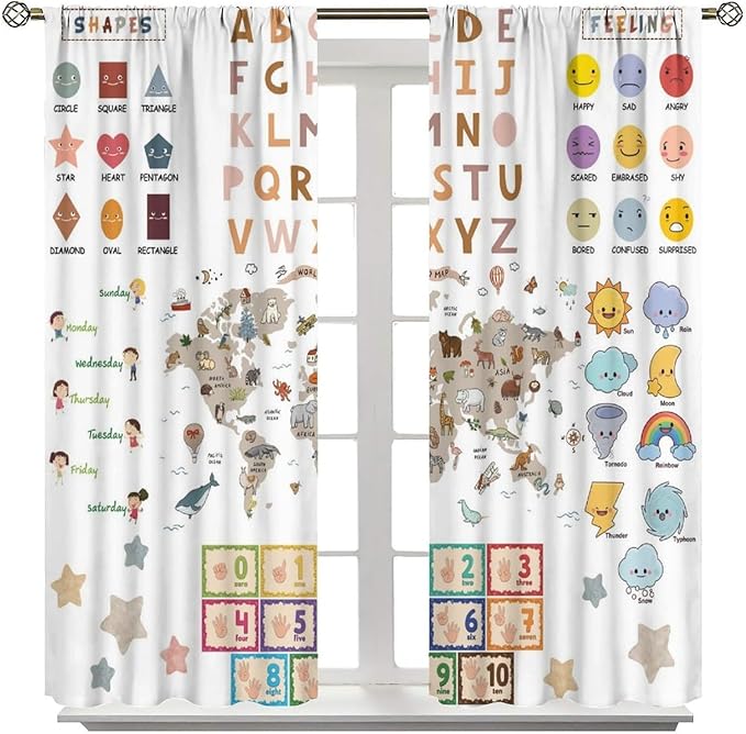 Kids Educational Curtain,Pastel ABC Alphabet Continents Map Numbers Shapes Weather Learning Tools Boy Girl Nursery Rod Pocket Blackout Window Treatments for Bedroom Living Room 52" W X 84" L