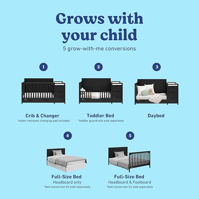Graco Hadley 5-in-1 Convertible Crib & Changer (Black) – GREENGUARD Gold Certified, Fits Standard Crib Mattress, Converts to Toddler Bed and Full Bed, 4 Adjustable Mattress Heights