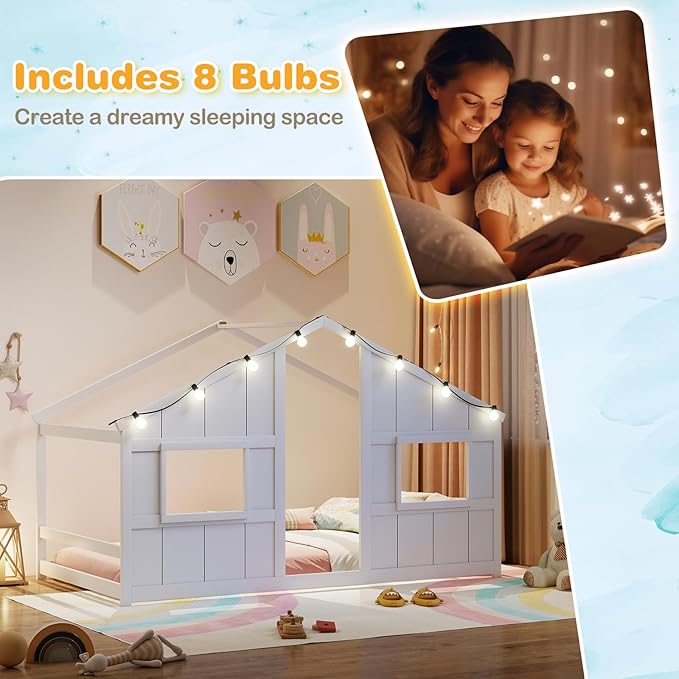 Twin Montessori Floor Bed with Roof, LED Light, Wood House Bed Frame with Headboard and 2 Windows, Low to Ground Cute Playhouse Bed for Kids, Girls, Boys, Without Slats (White)