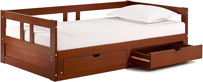 Melody Twin to King Extendable Daybed with Trundle and Storage Drawers – Solid Brazilian Pine Wood Guest Bed with 400lb Capacity for Kids, Teens, or Adults by Aalaterre Furniture (Chestnut Finish)