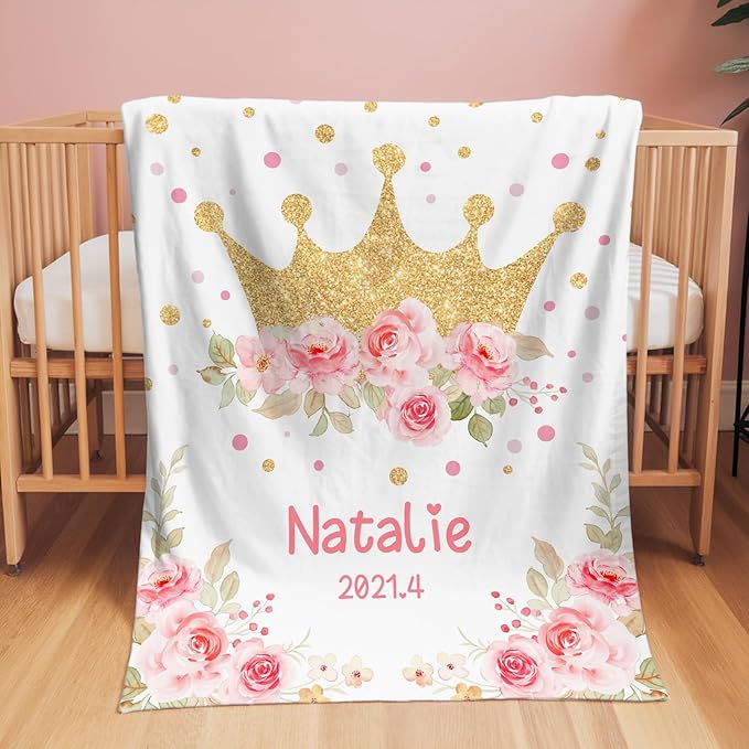 Personalized Baby Blanket, Custom Baby Blankets with Name for Girls, Personalized Baby Girl Gifts for Christmas Birthday Easter, Customized Baby Blanket for Kids Toddler New Mom Newborn (White)