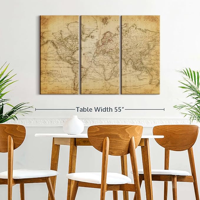 ElephantStock Old Century World Map Wall Art Multi Piece Canvas - 3 Piece Canvas World Map Wall Decor - Ready-to-Hang Print - Vintage Wall Art - 50" X 32"
