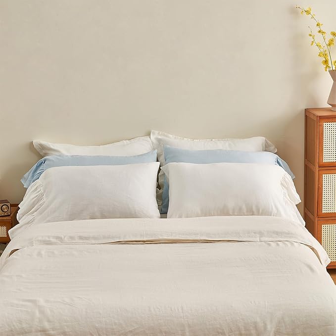 Ruffles Linen Pillowcase, Pure Flax Pillow Sham 100% French Linen Ruffled Pillow Cover, Standard, Queen, King Size 1 PCS (King, White)