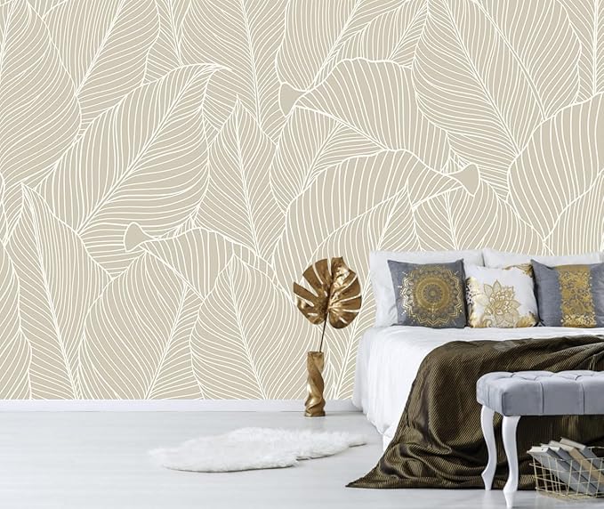 Tropical Palm Leaf Beige Wallpaper Peel and Stick Botanical Leaf Pattern Art Self Adhesive Wall Mural for Living Room Bedroom 157"x108"