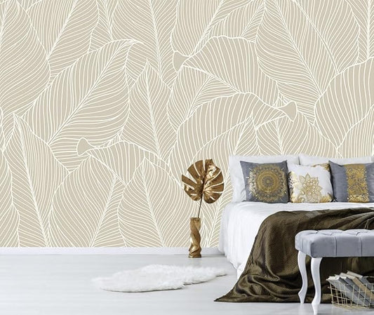 Tropical Palm Leaf Beige Wallpaper Peel and Stick Botanical Leaf Pattern Art Self Adhesive Wall Mural for Living Room Bedroom 157"x108"