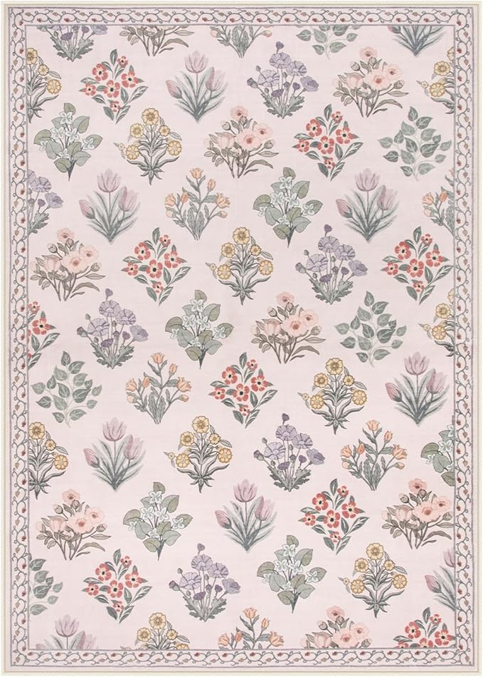 Wonnitar Pink Rugs for Bedroom Girls Nursery, Floral Print 5x7 Washable Rug, Boho Ultra-Thin Non Slip Soft Cozy Carpet for Room Decor Kids Playroom Office Living Room, Pale Pink