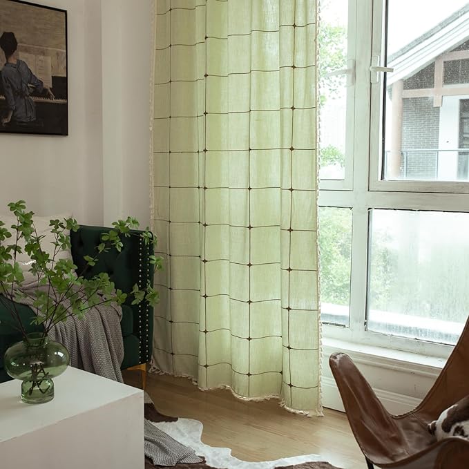 Deeprove Green Boho Curtains for Bedroom 84 Inches Long, Sage Checkered Bohemian Chic Textured Embroidery Plaids, Vintage Tassels Country Decor Drapery, Rod Pocket, 1 Panel W52 x L84, Light Mint