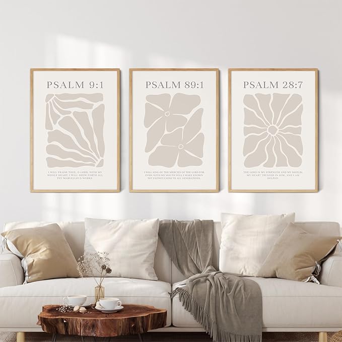 Joocrise Scripture Christian Wall Art Set of 3 Beige Bible Verses Wall Decor Neutral Psalm Canvas Wall Art Modern Pictures Flower Prints Christian Artwork for Living Room Bedroom 24x36 Inch Unframed
