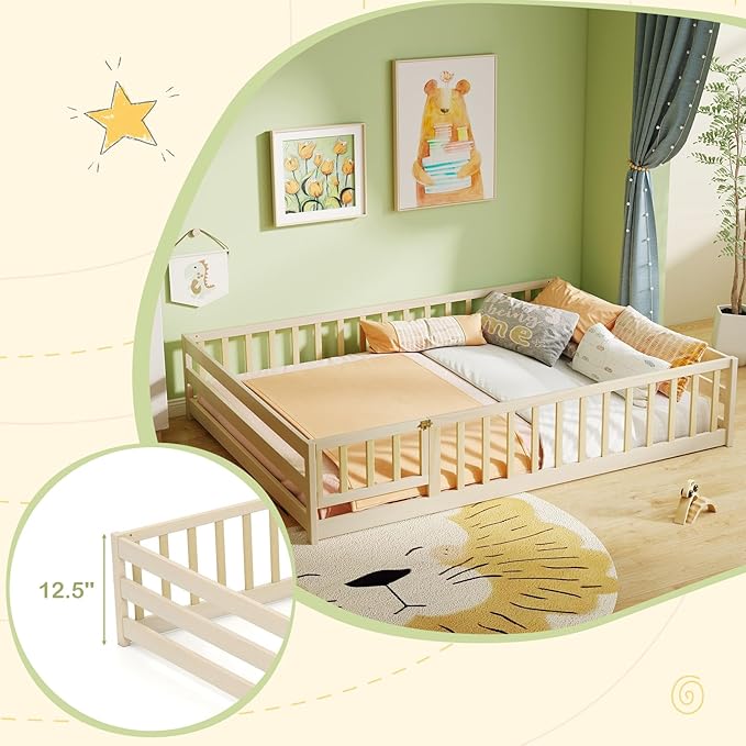 KOMFOTT Full Size Wood Floor Bed with Door & Fence, Montessori Bed Frame with Full Length Safety Guardrails, Door & Latch, Wooden Montessori Floor Bed for Kids, Girls, Boys (Full,Natural)