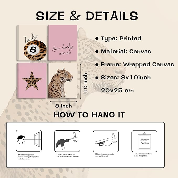Lucky Leopard Pink Wall Art Set of 4, Retro Y2K Preppy Aesthetic Framed Canvas Prints, Lucky 8 Ball Star and Quote Trendy Fashion Wall Decor for Bedroom Dorm Bathroom Home Decor 8x10in