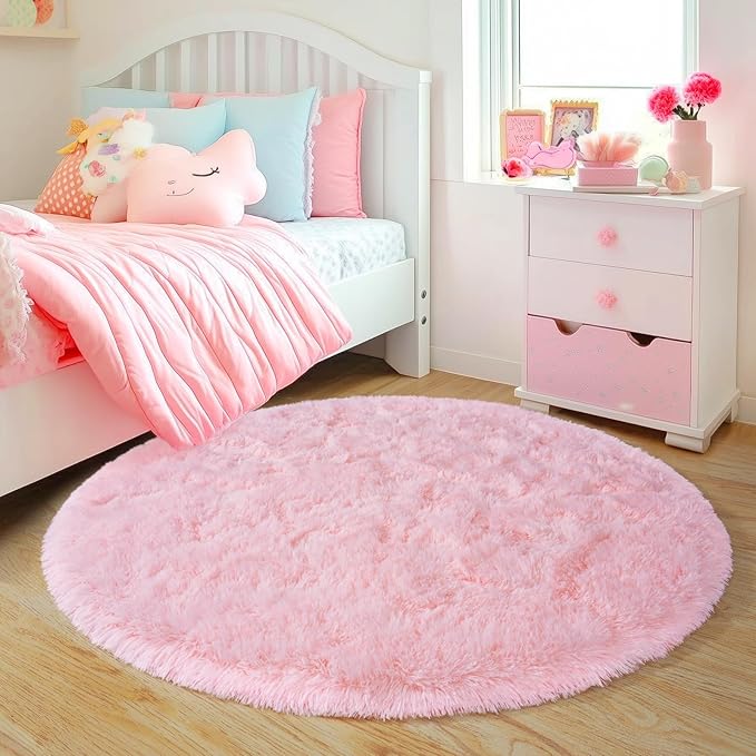 6‘x6’ Round Pink Rugs for Girls Bedroom, Ultra Soft Fluffy Circle Rug for Kids Room, Cute Shag Rugs for Living Room Playroom Tent Castle Home Decor Rug